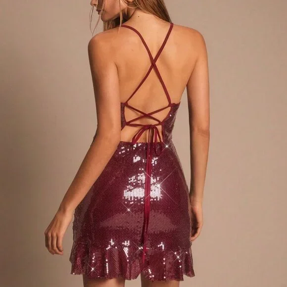Burgundy Sequined Women's Spaghetti Strap Dress - Picture 2 of 7